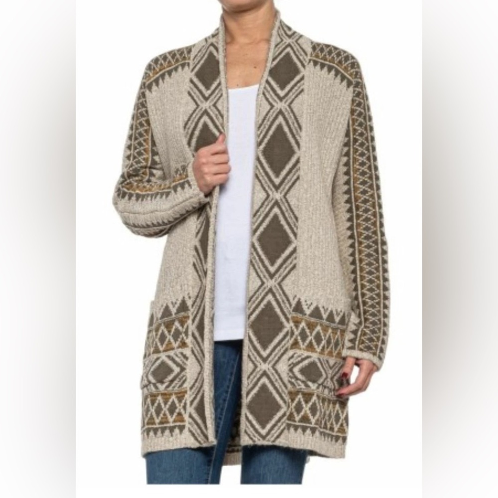 Lucky Brand Neutral Geometric Open-Front Cardigan Sweater - Beige, Brown Size L